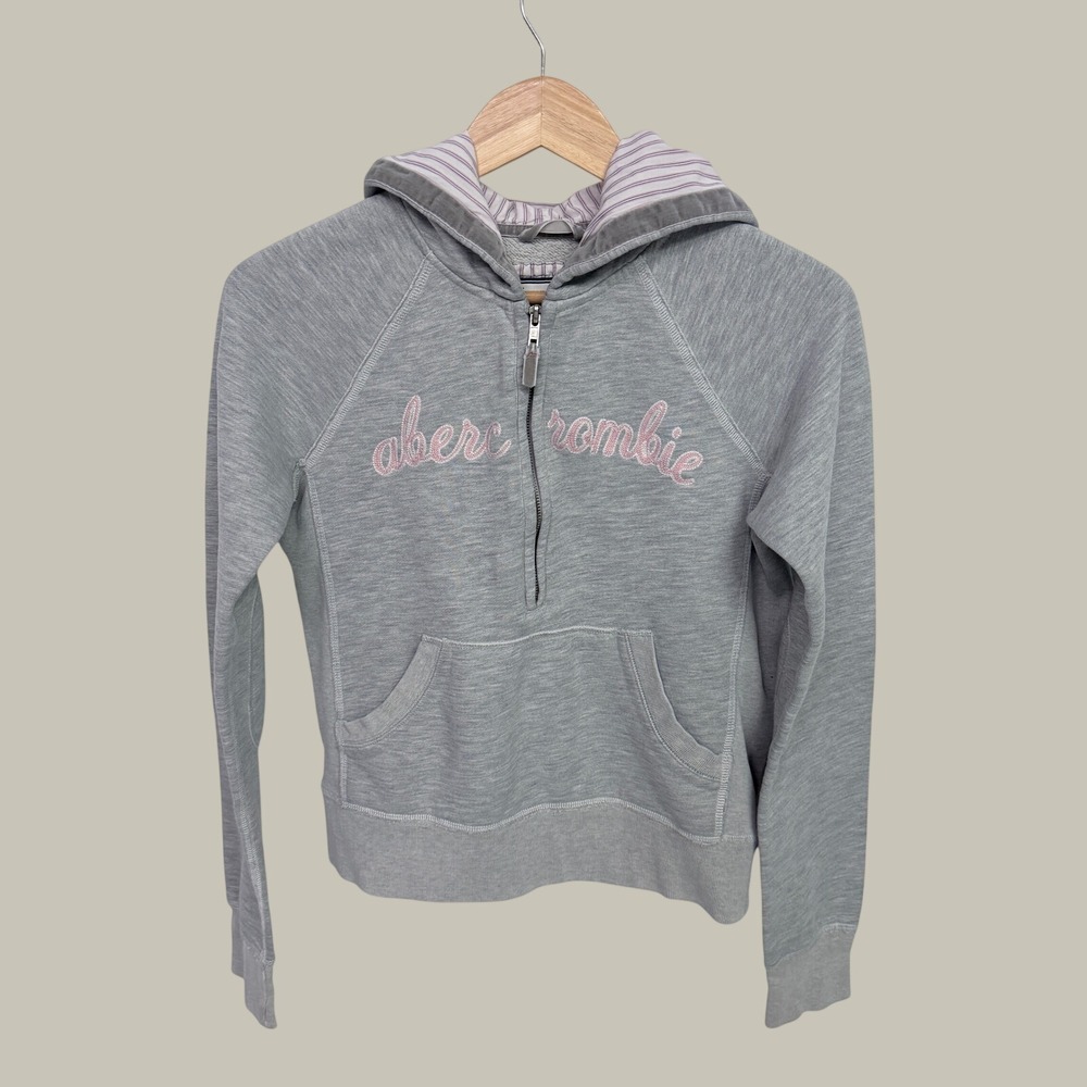 Abercrombie Kids XL Gray Quarter Zip Hoodie Pink Logo Striped Lining Y2K Sweat